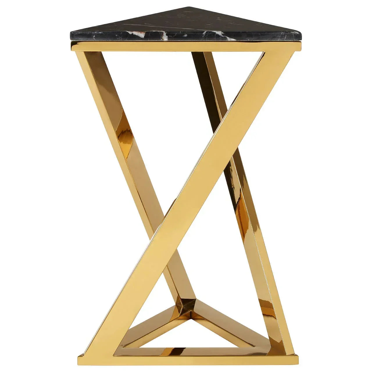 Gold metal frame side table with black marble top and geometric X-shaped base