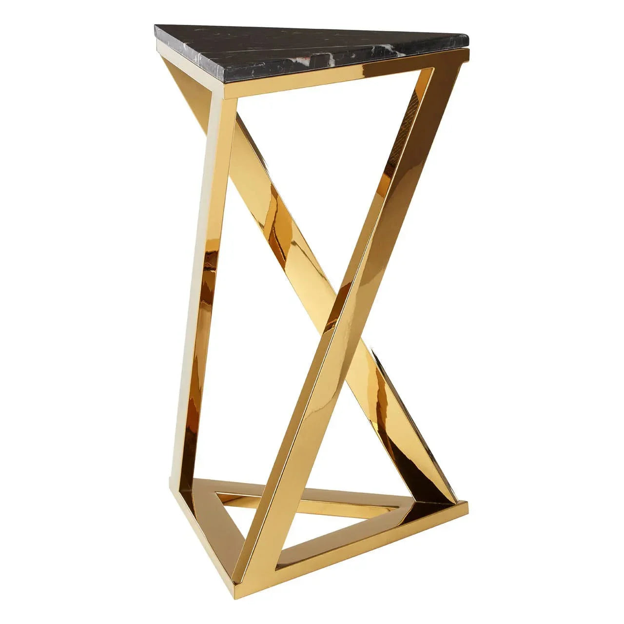 Gold metal side table with black marble top and geometric base design
