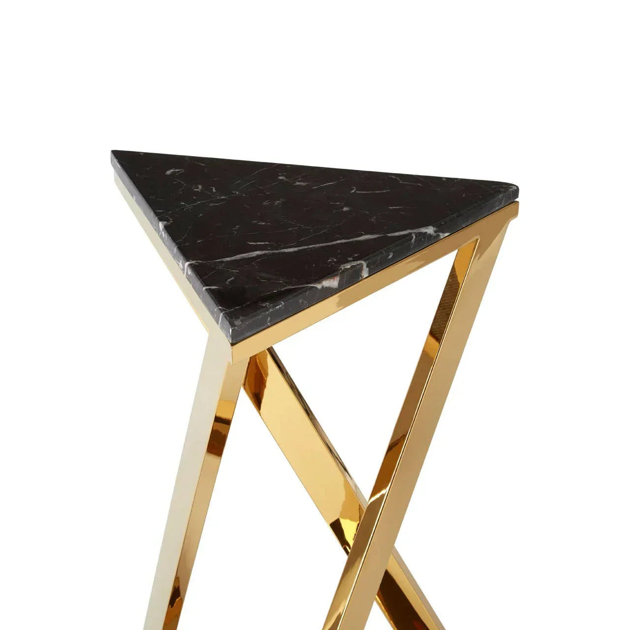 Triangle side table with black marble top and gold metal legs