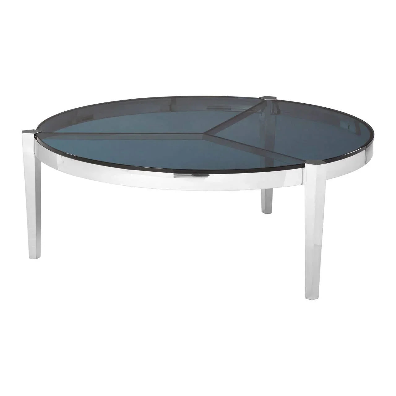 Round glass coffee table with chrome legs and dark tinted top, modern living room furniture