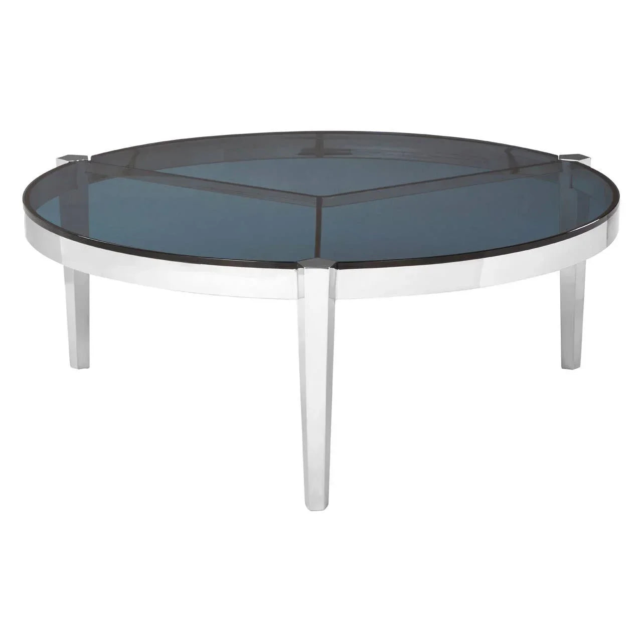 Round glass coffee table with chrome legs and smoked blue tabletop