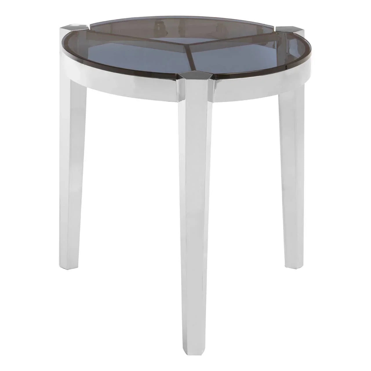 Round glass side table with chrome metal legs and smoked glass top