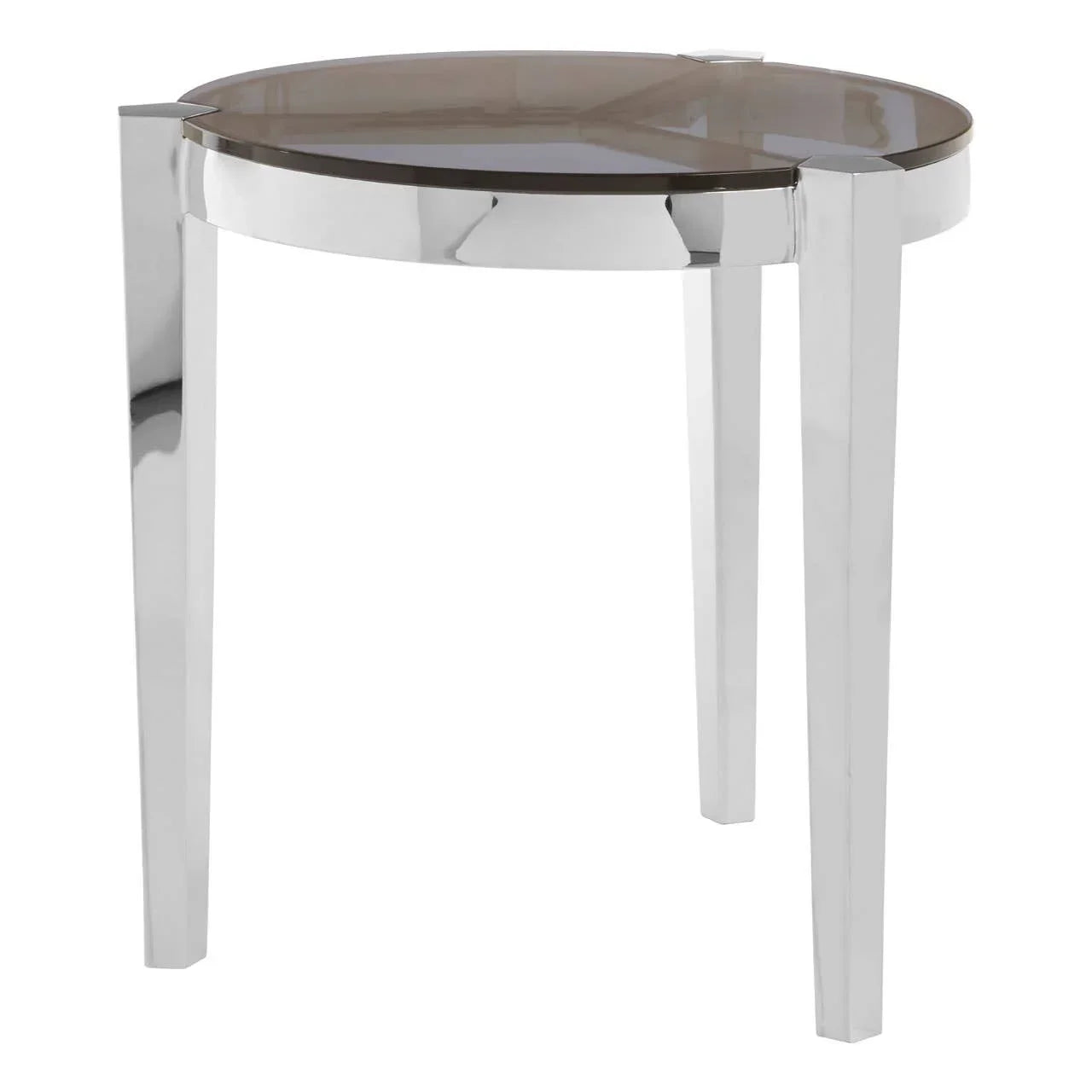Round glass top side table with chrome metal legs, modern minimalist design