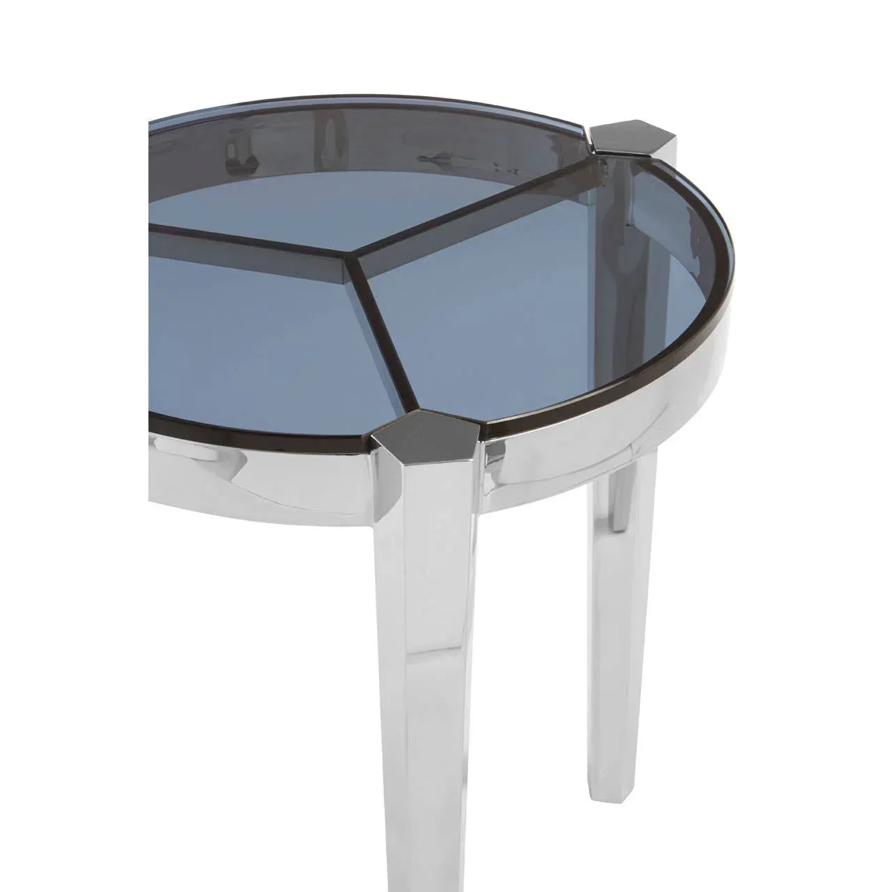 Round glass side table with chrome legs and geometric black metal detailing