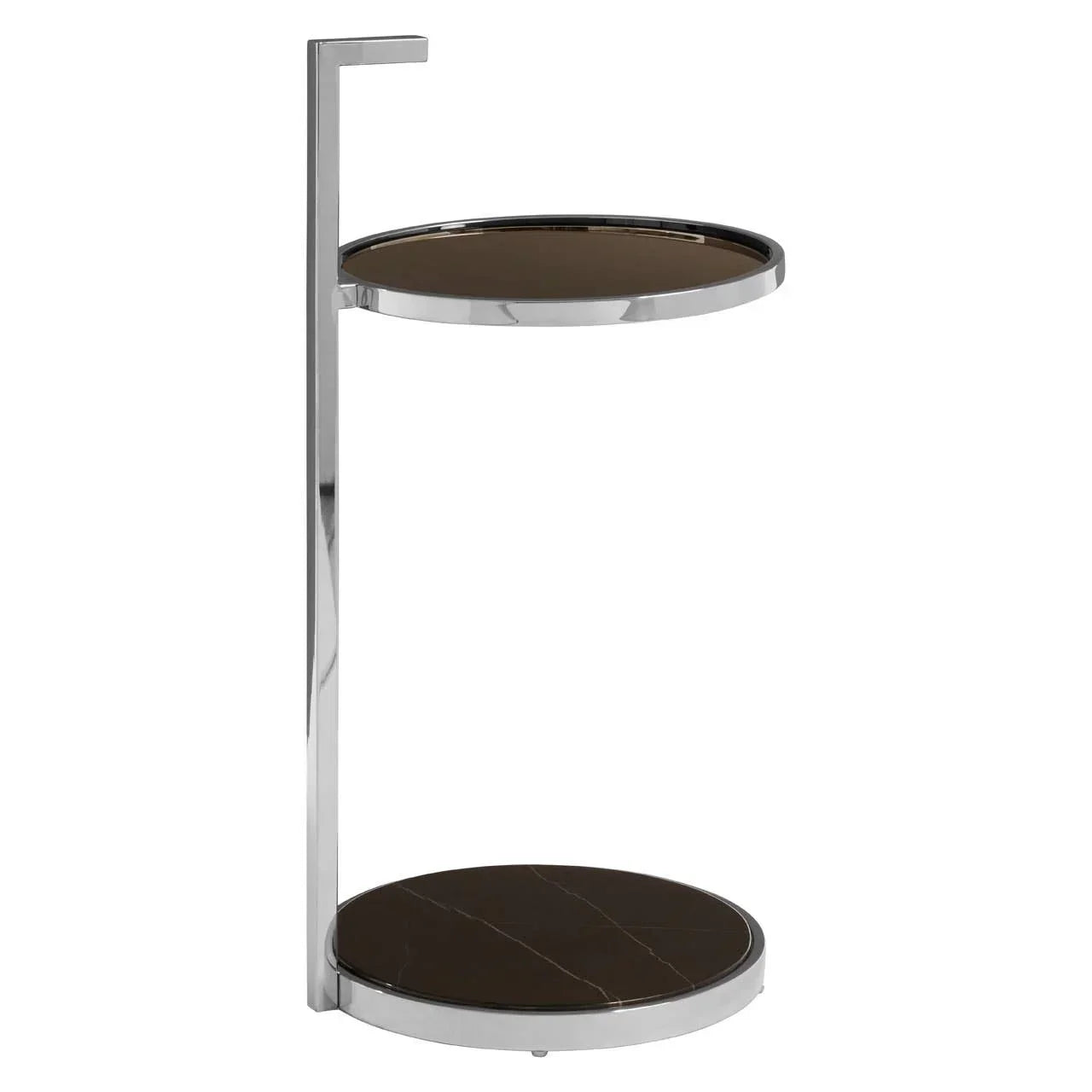 Modern side table with chrome frame, two round black marble shelves, minimalist design