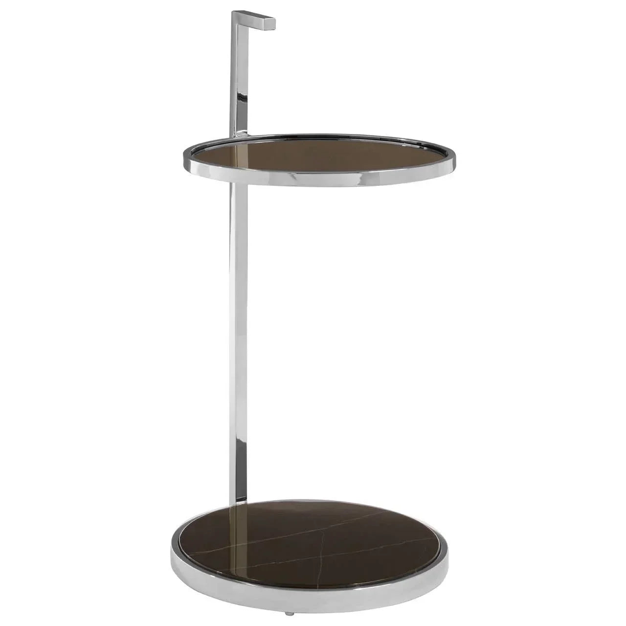 Round chrome side table with two brown glass shelves and modern minimalist design