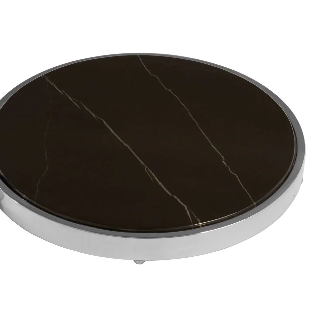 Round black marble coffee table top with silver metal edge