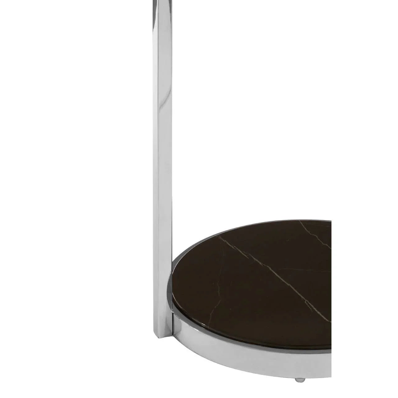 Chrome frame round side table with black marble lower shelf closeup