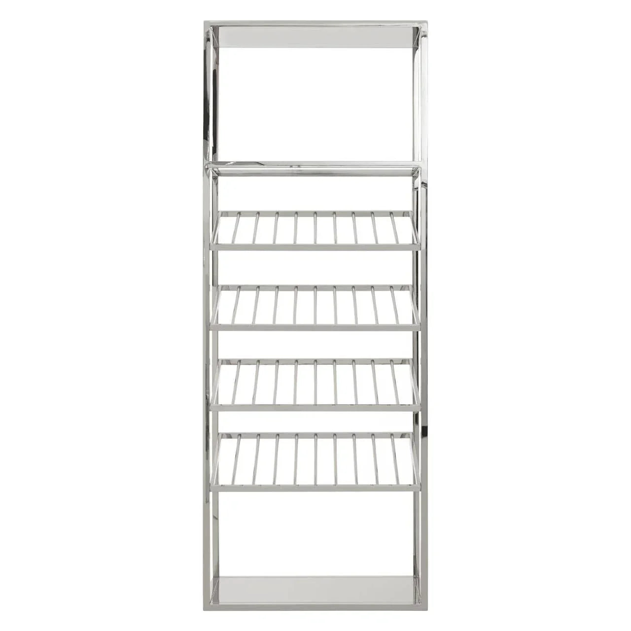 Chrome metal shelving unit with five wire shelves for storage