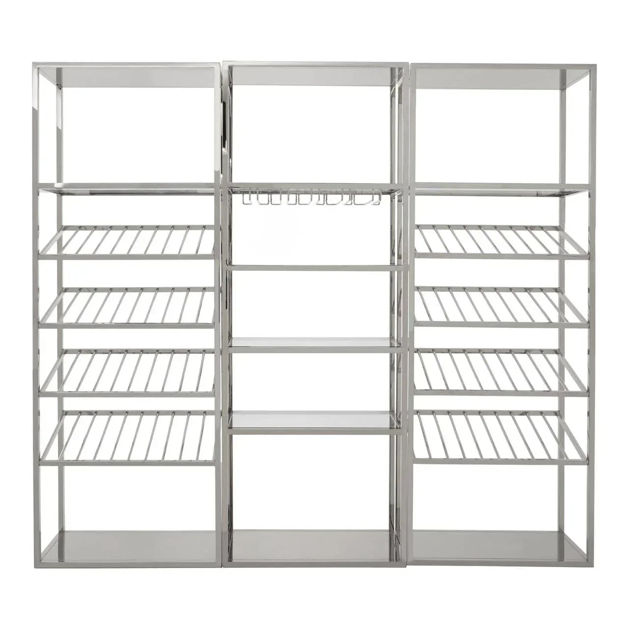 Metal shelving unit with open racks and wine storage, ideal for modern dining or kitchen spaces