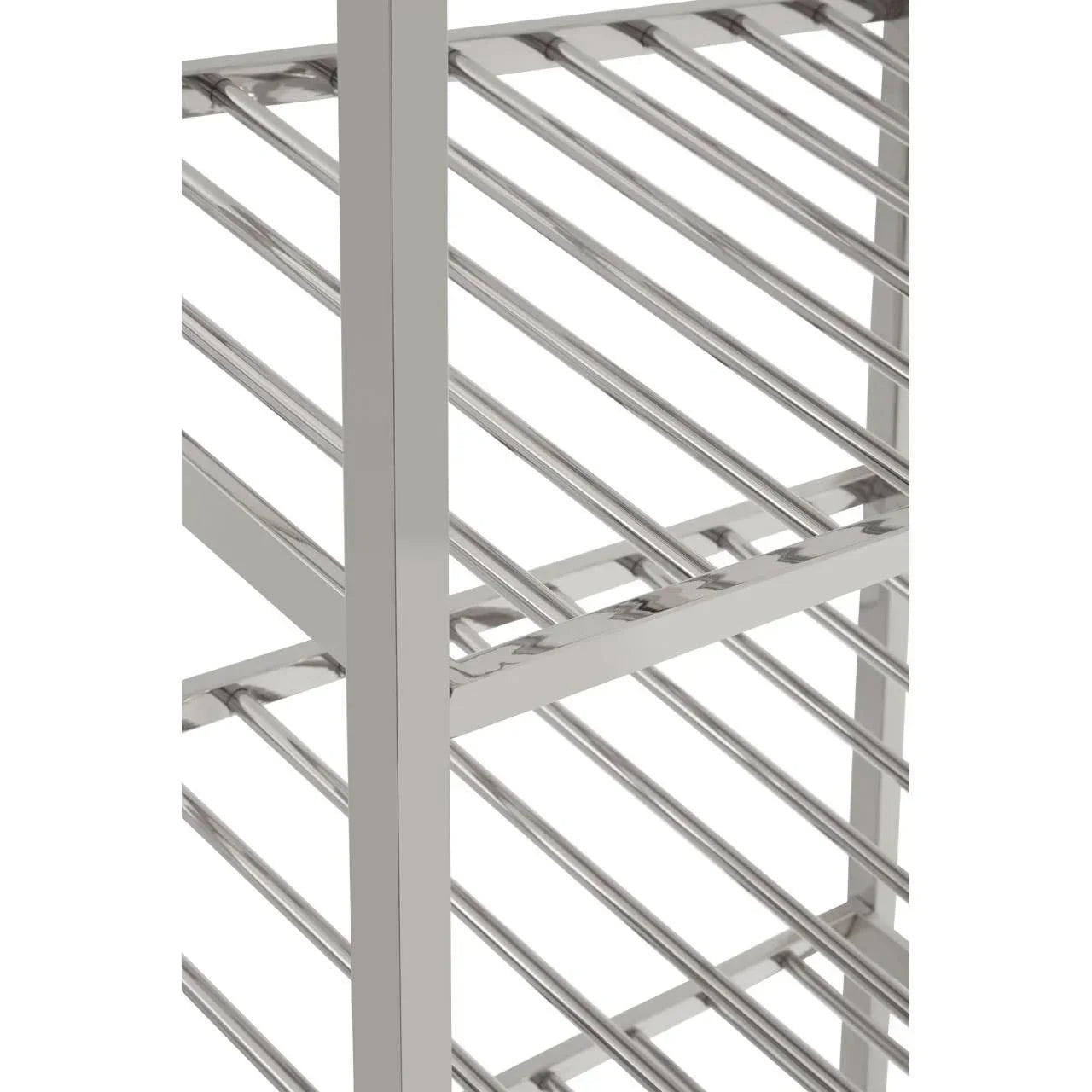 Closeup of chrome metal shelving unit with horizontal bars and reflective finish