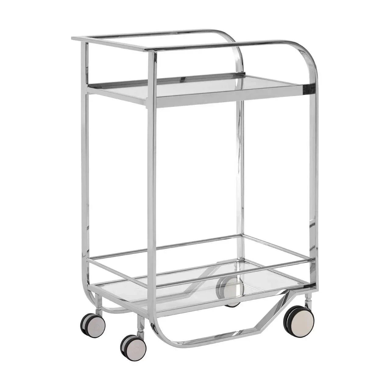 Chrome metal drinks trolley with two glass shelves and four wheels, side angle view