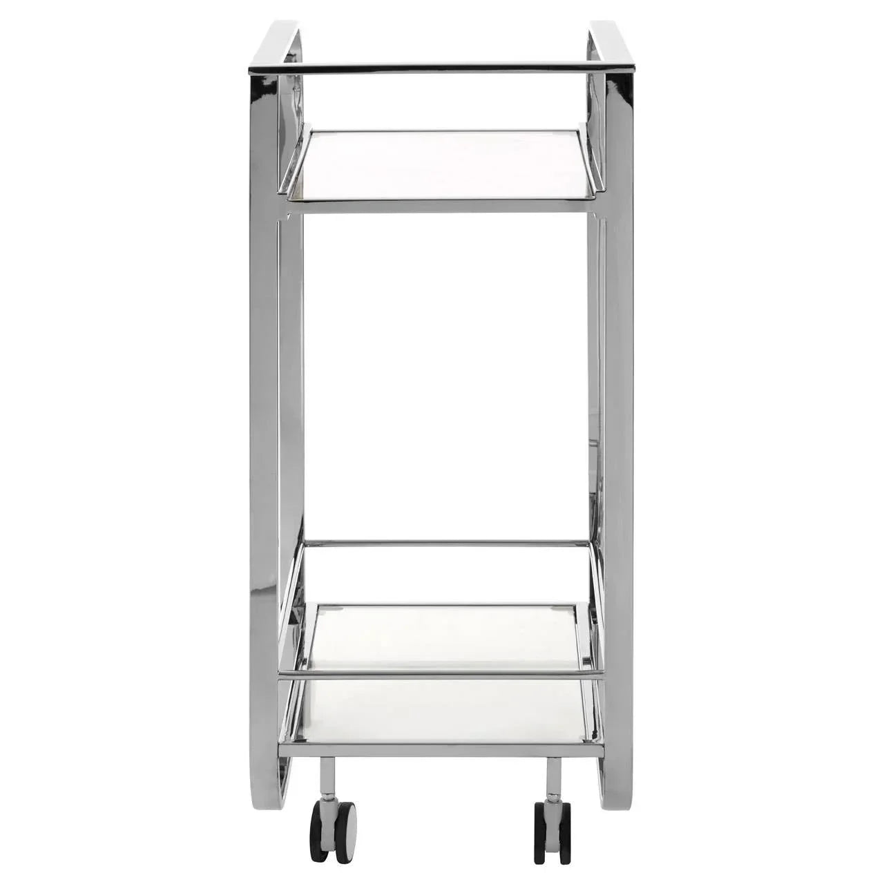 Chrome metal drinks trolley with two glass shelves and four wheels, front view