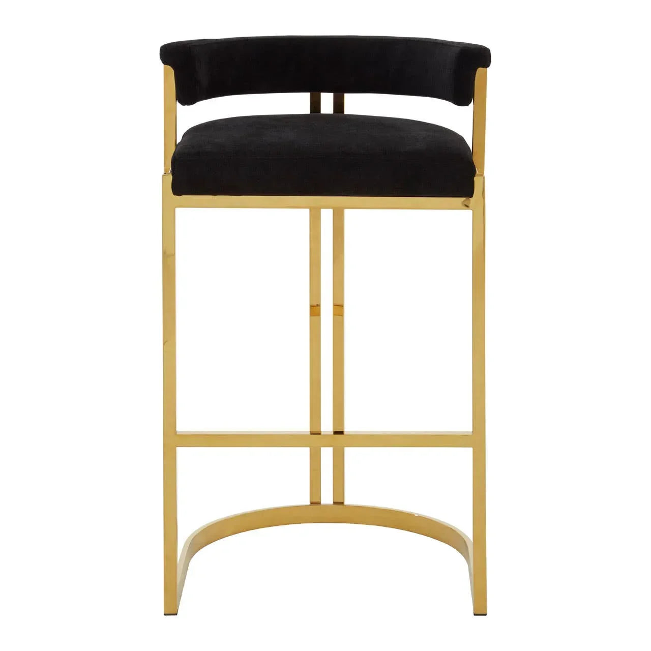 Black velvet bar stool with gold metal frame and low curved backrest, front view