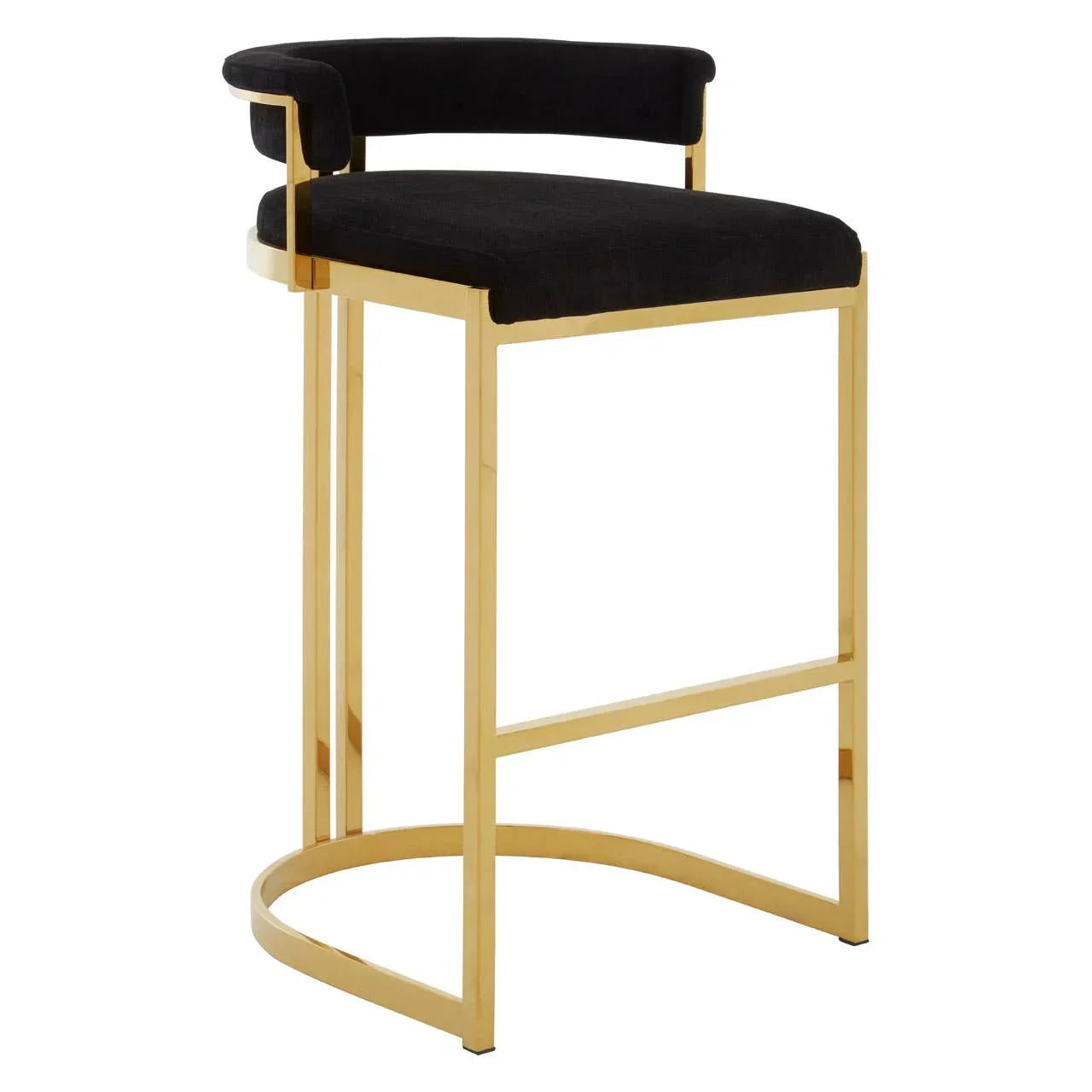 Black velvet bar stool with gold metal frame and low curved backrest, side angle view