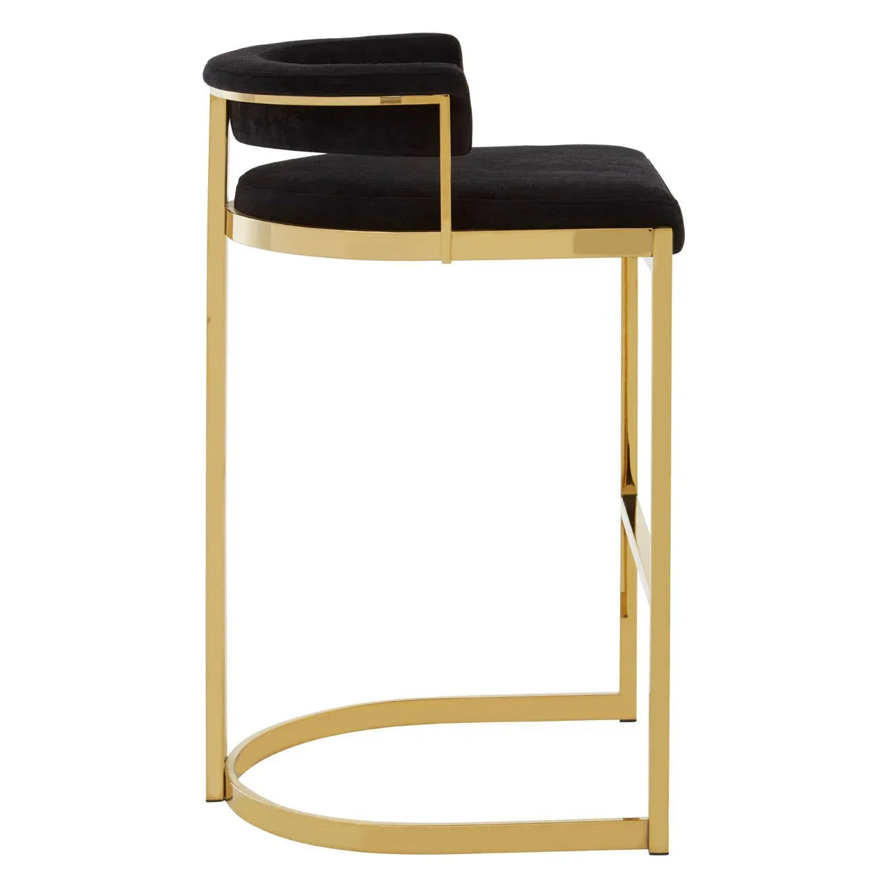 Side view black velvet bar stool with gold metal frame and curved backrest
