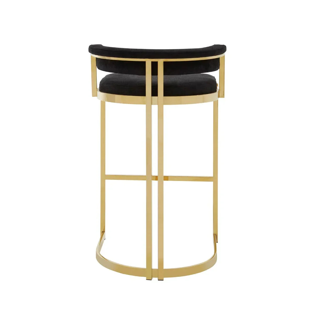 Black velvet bar stool with gold metal frame shown from rear view