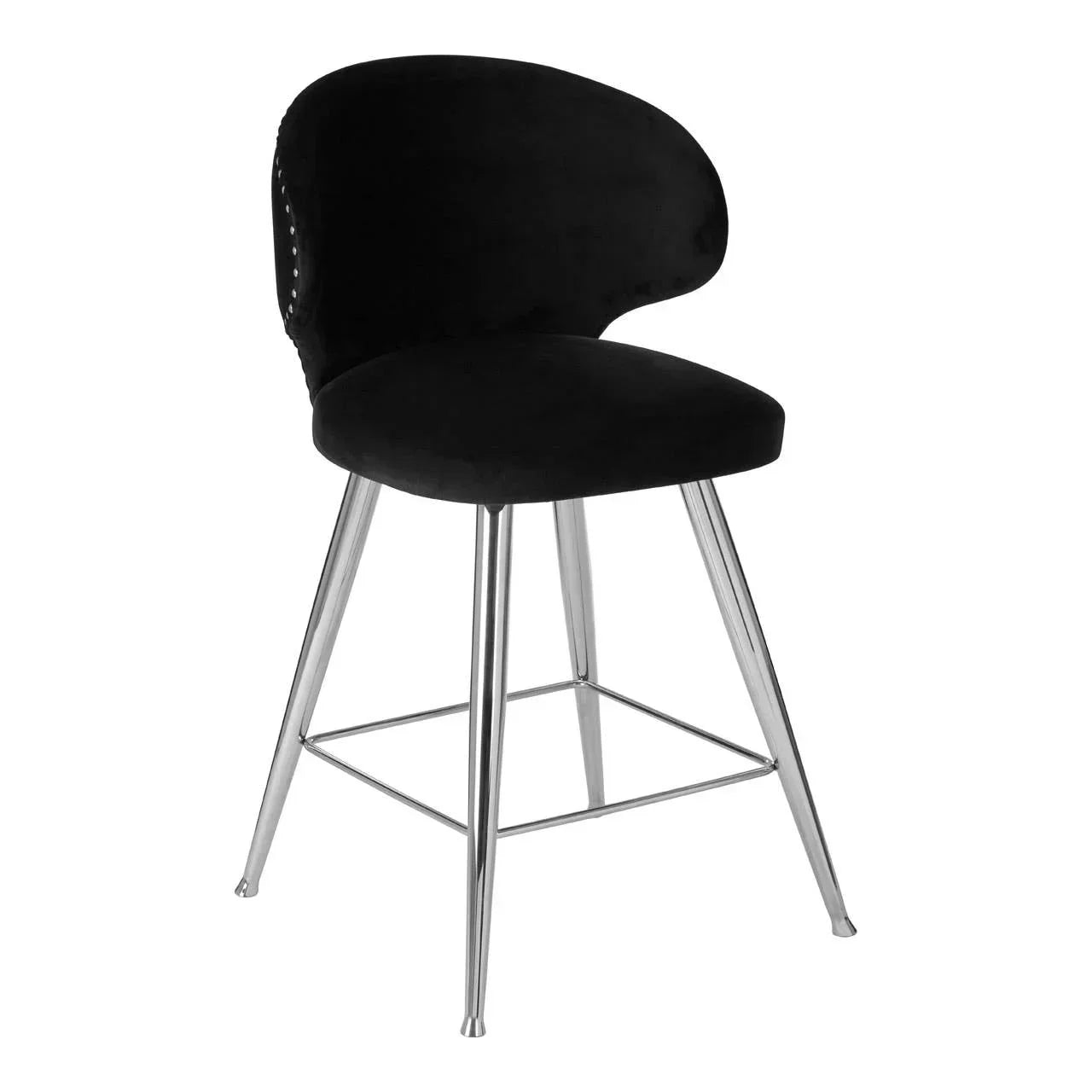 Black velvet dining chair with chrome metal legs and curved backrest