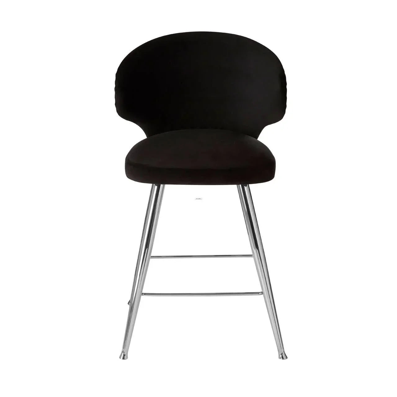 Black velvet bar stool with chrome metal legs, curved backrest and padded seat, front view