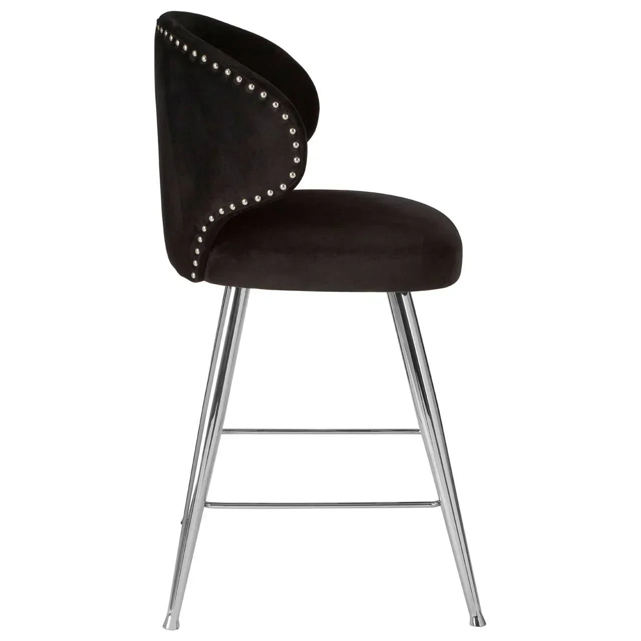 Black velvet bar stool with metal legs and studded trim, side profile view