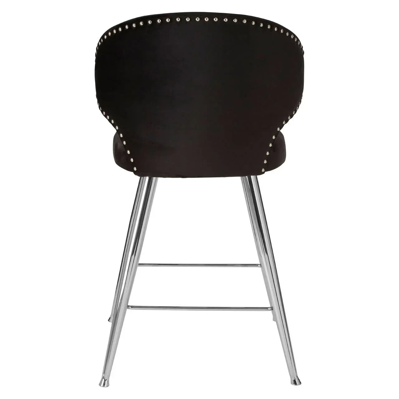 Black velvet dining chair with chrome legs and stud detailing, rear view