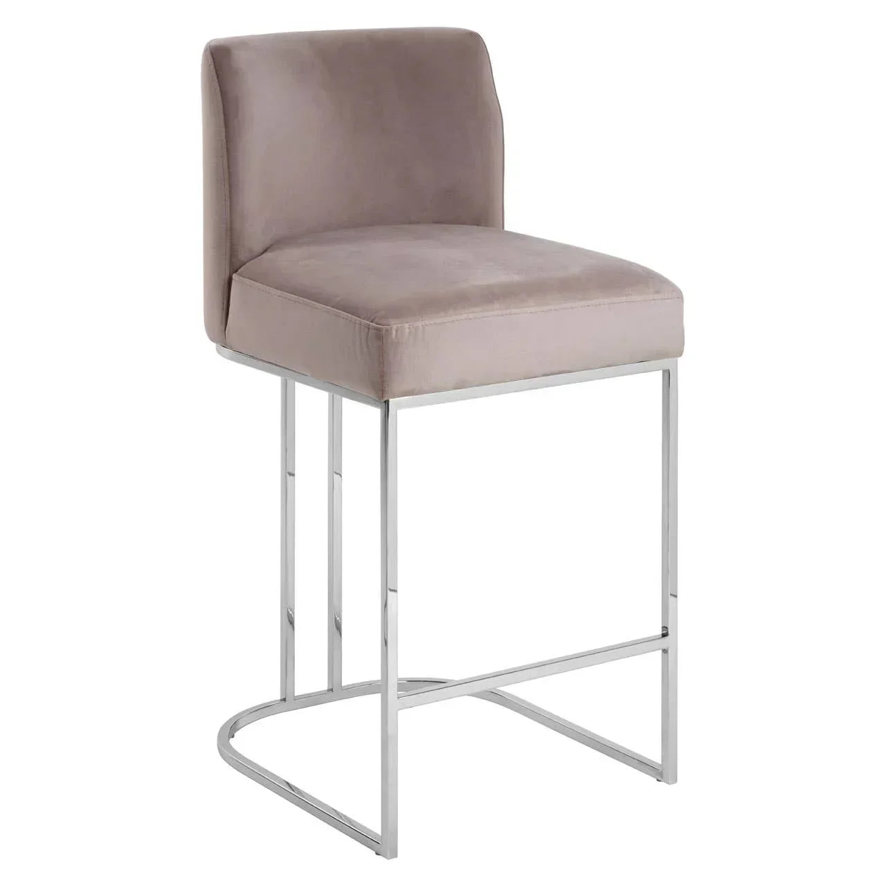 Velvet bar stool with chrome metal legs and cushioned backrest in neutral color