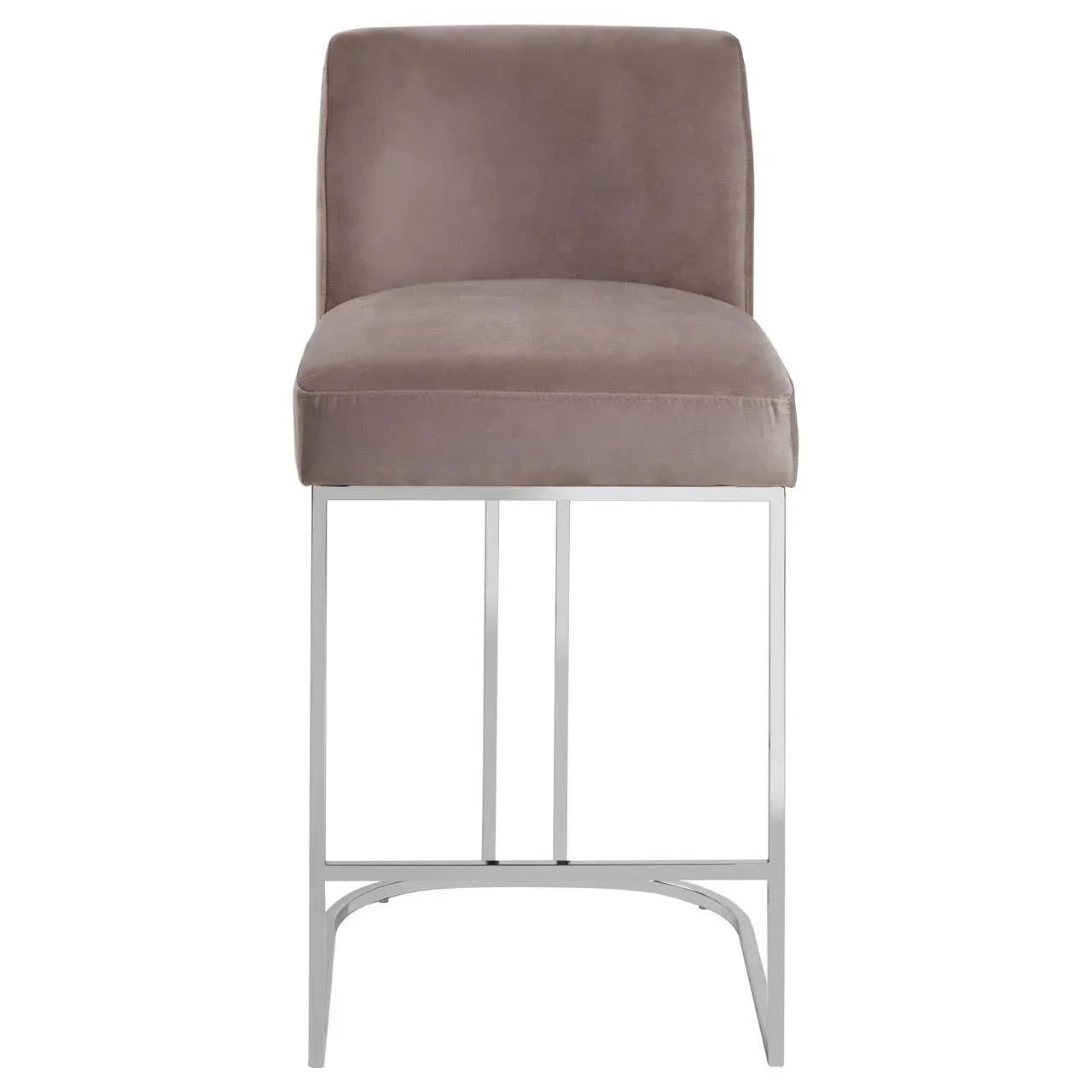 Taupe velvet bar stool with chrome metal legs shown from the front