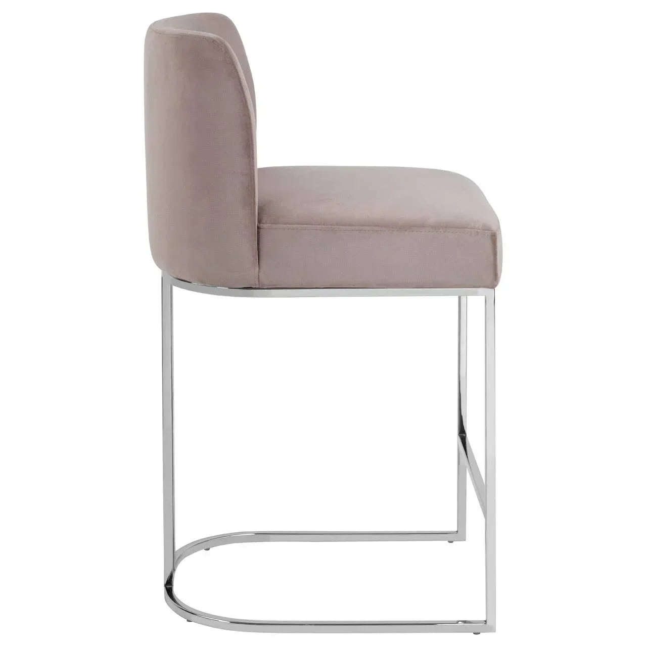 Side view of taupe velvet dining chair with chrome sled base