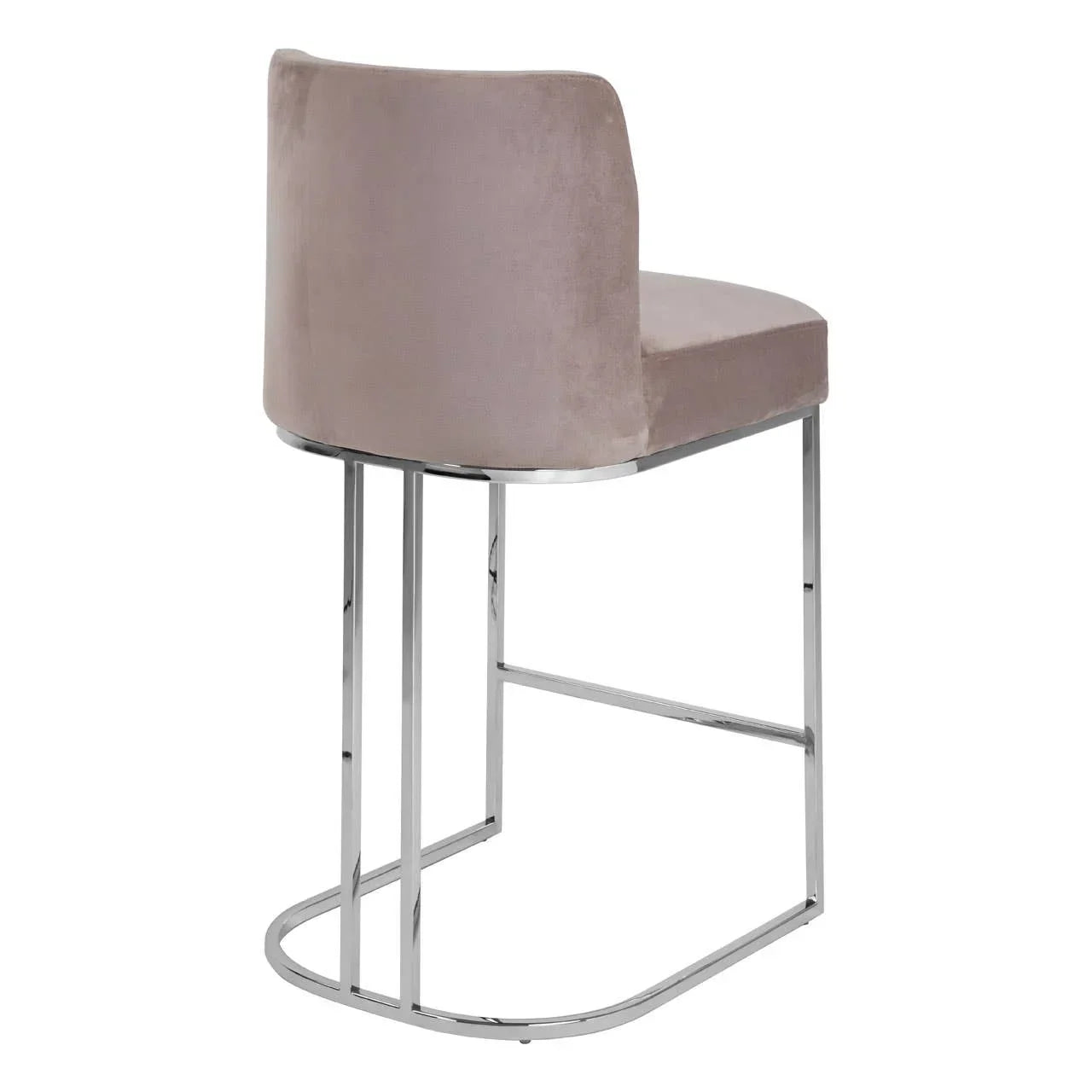 Taupe velvet bar stool with chrome metal base, shown from the back angle