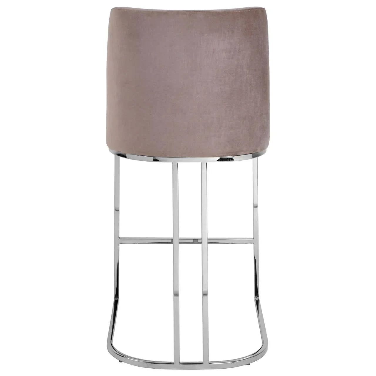 Taupe velvet bar stool with chrome legs rear view