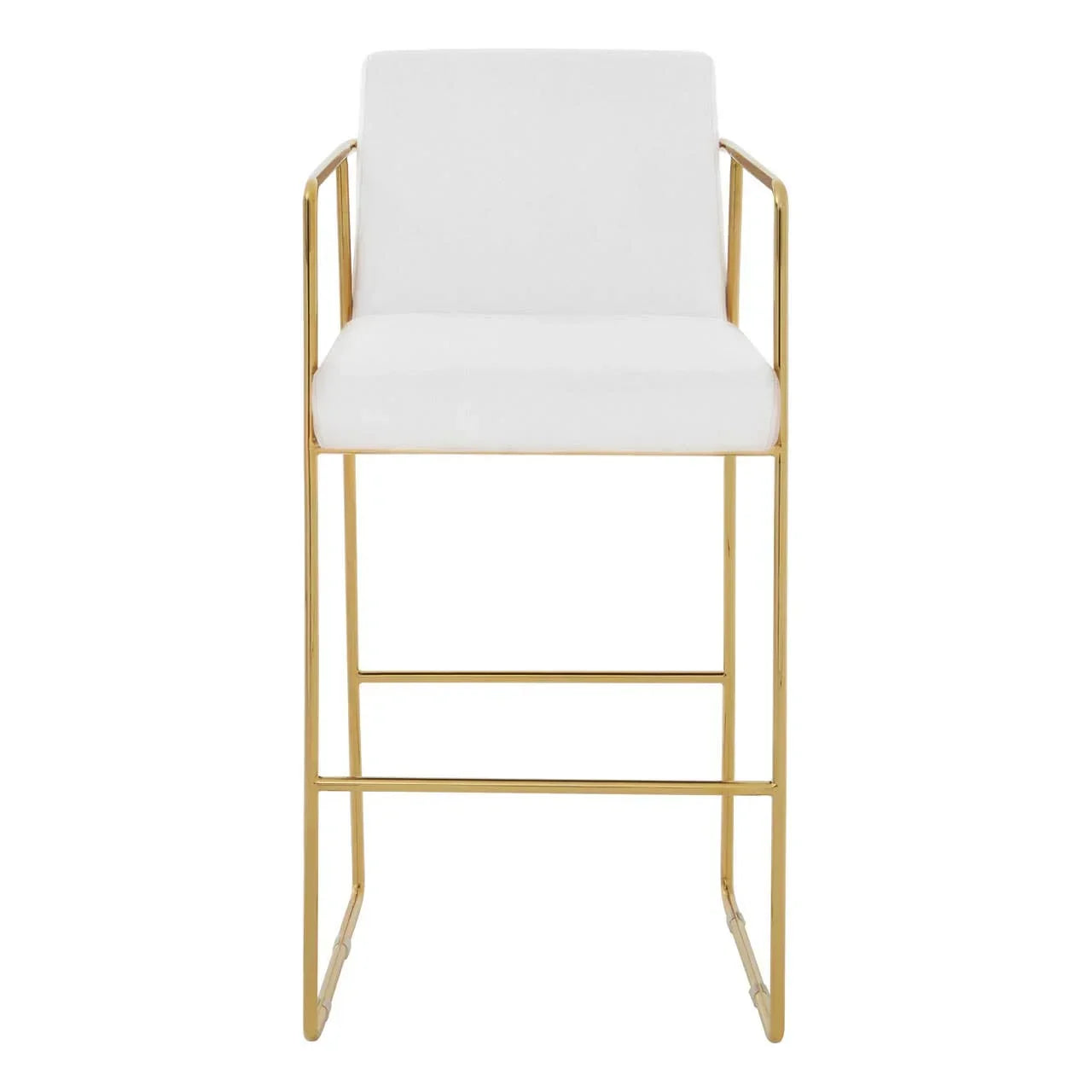 White bar stool with gold metal frame and armrests, front view