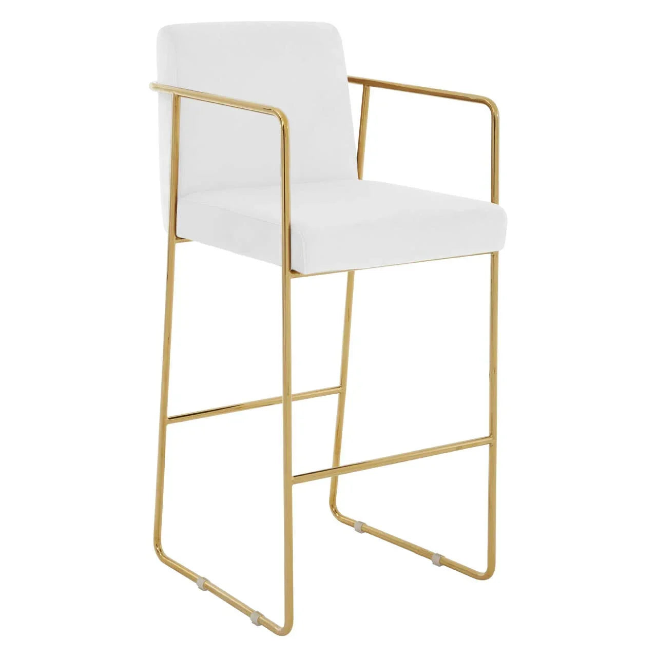 White bar stool with gold metal frame and armrests, modern minimalist design, side view