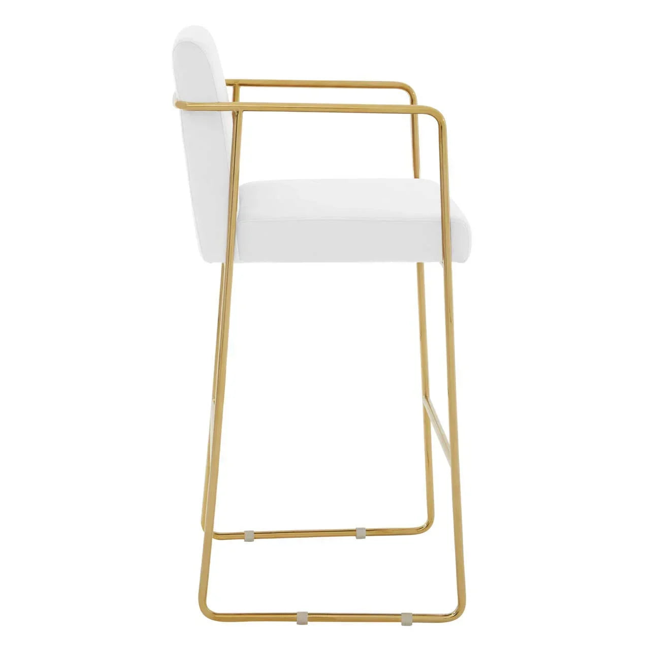 White upholstered bar stool with gold metal frame, side profile view
