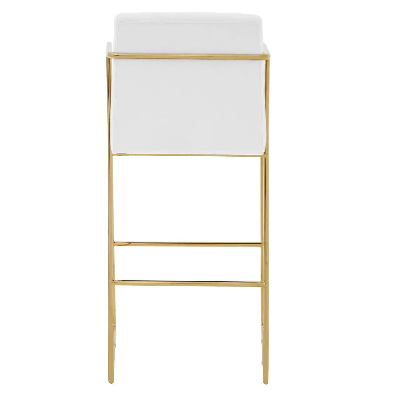 White bar stool with gold metal legs, rear view
