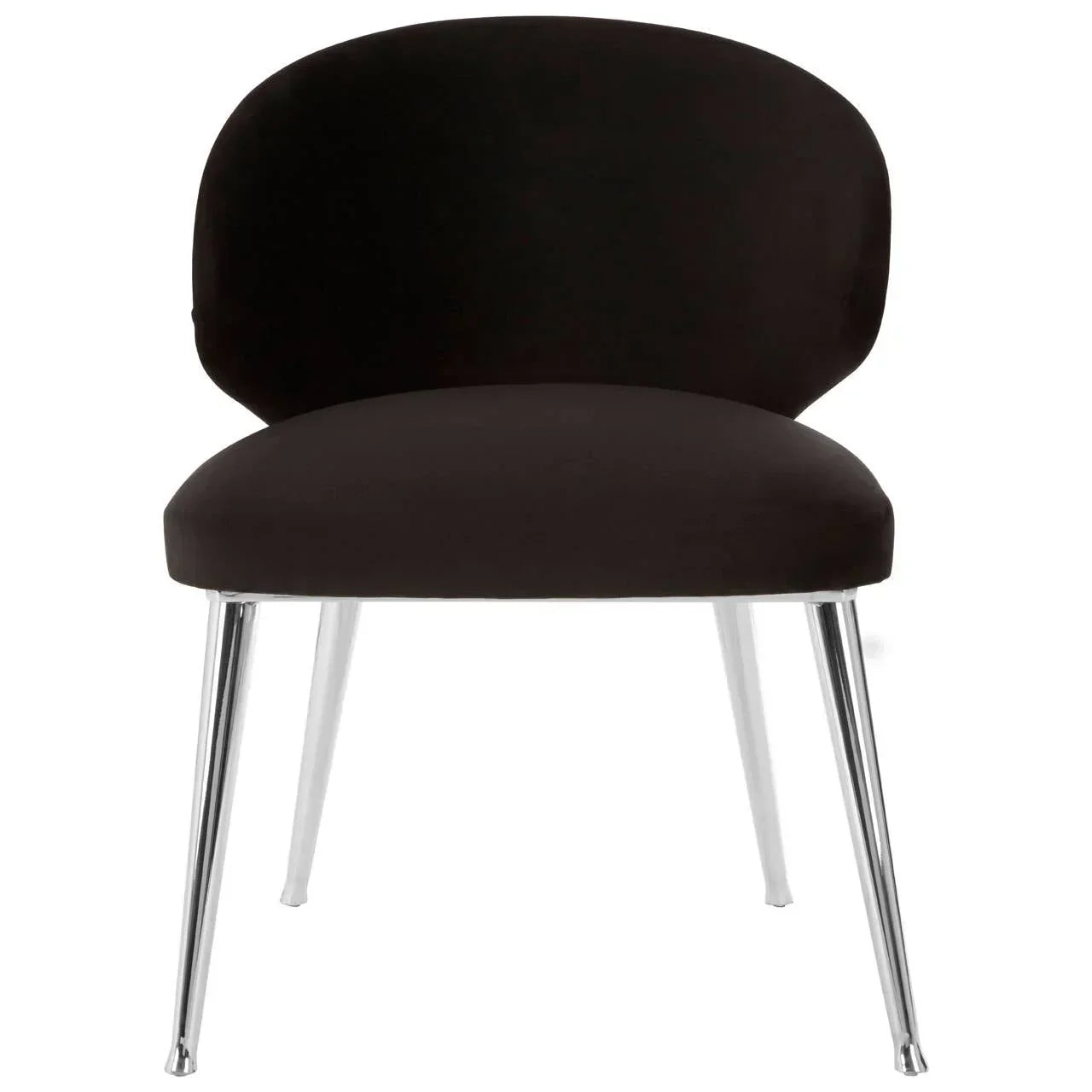 Black velvet dining chair with curved back and chrome legs, front view
