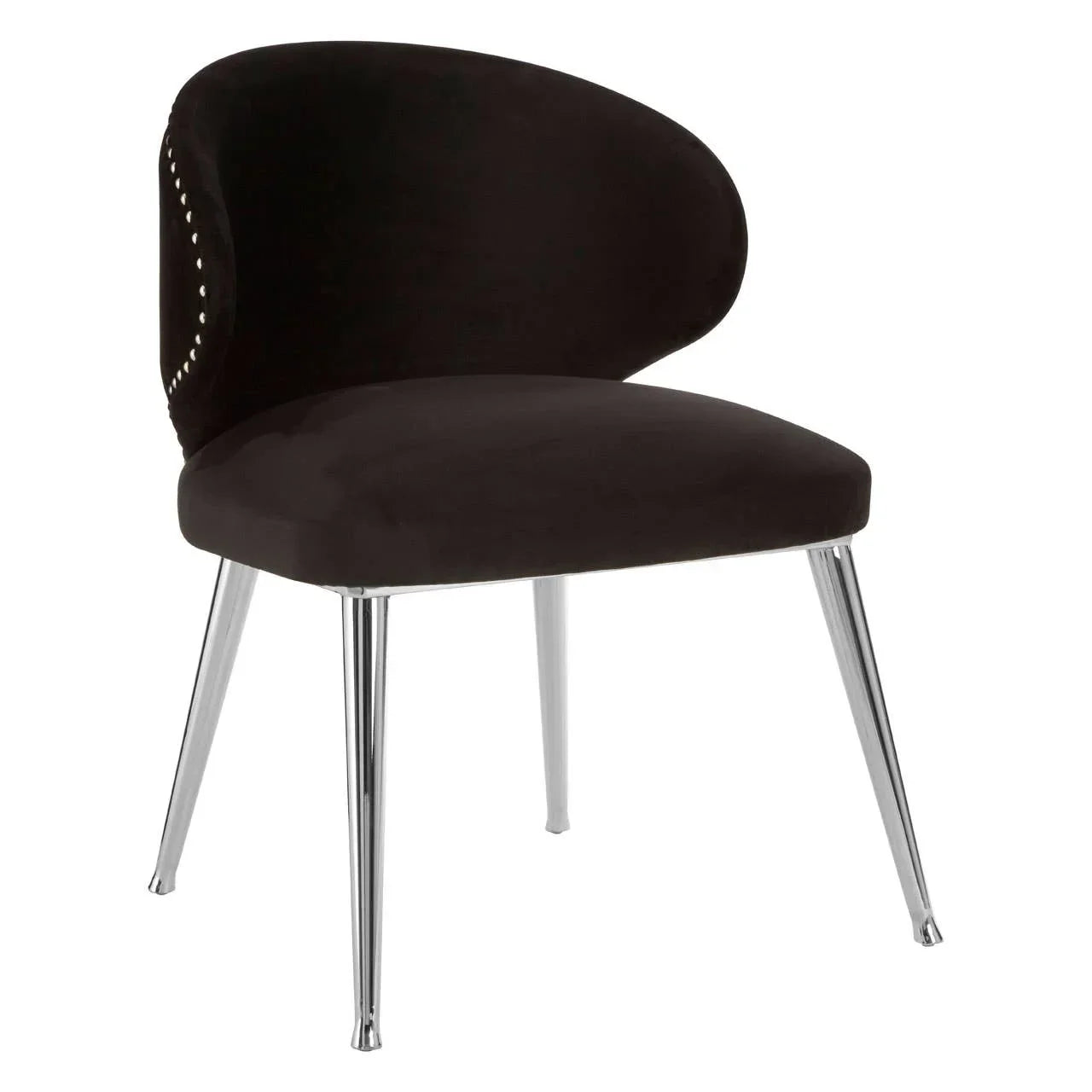 Black velvet dining chair with metal legs and studded backrest detailing