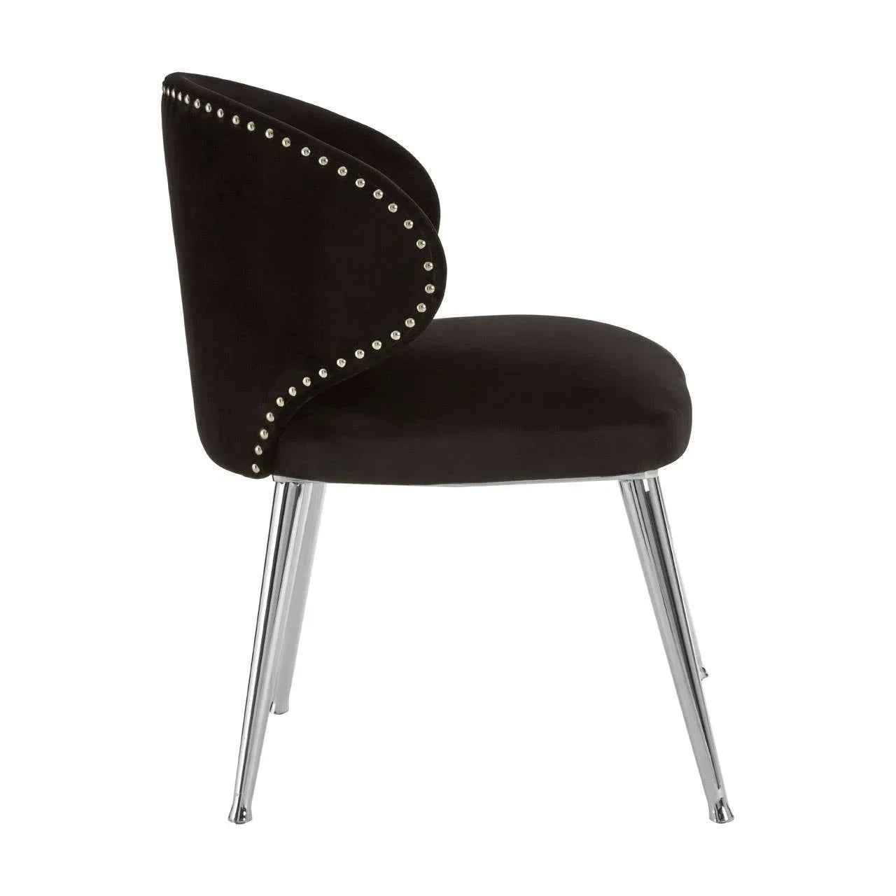 Black velvet dining chair with chrome legs and studded backrest, side view