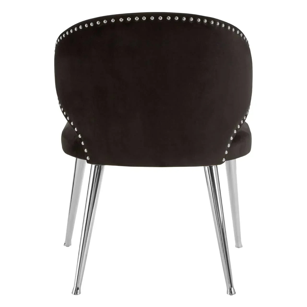 Black velvet dining chair with silver stud trim and chrome legs, rear view