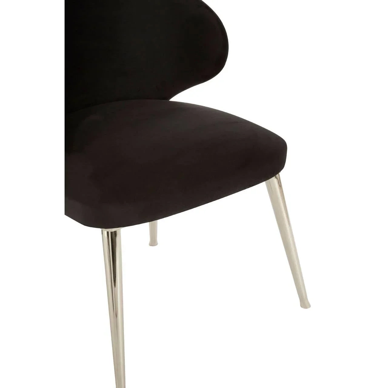 Black velvet dining chair with chrome metal legs, front angled view