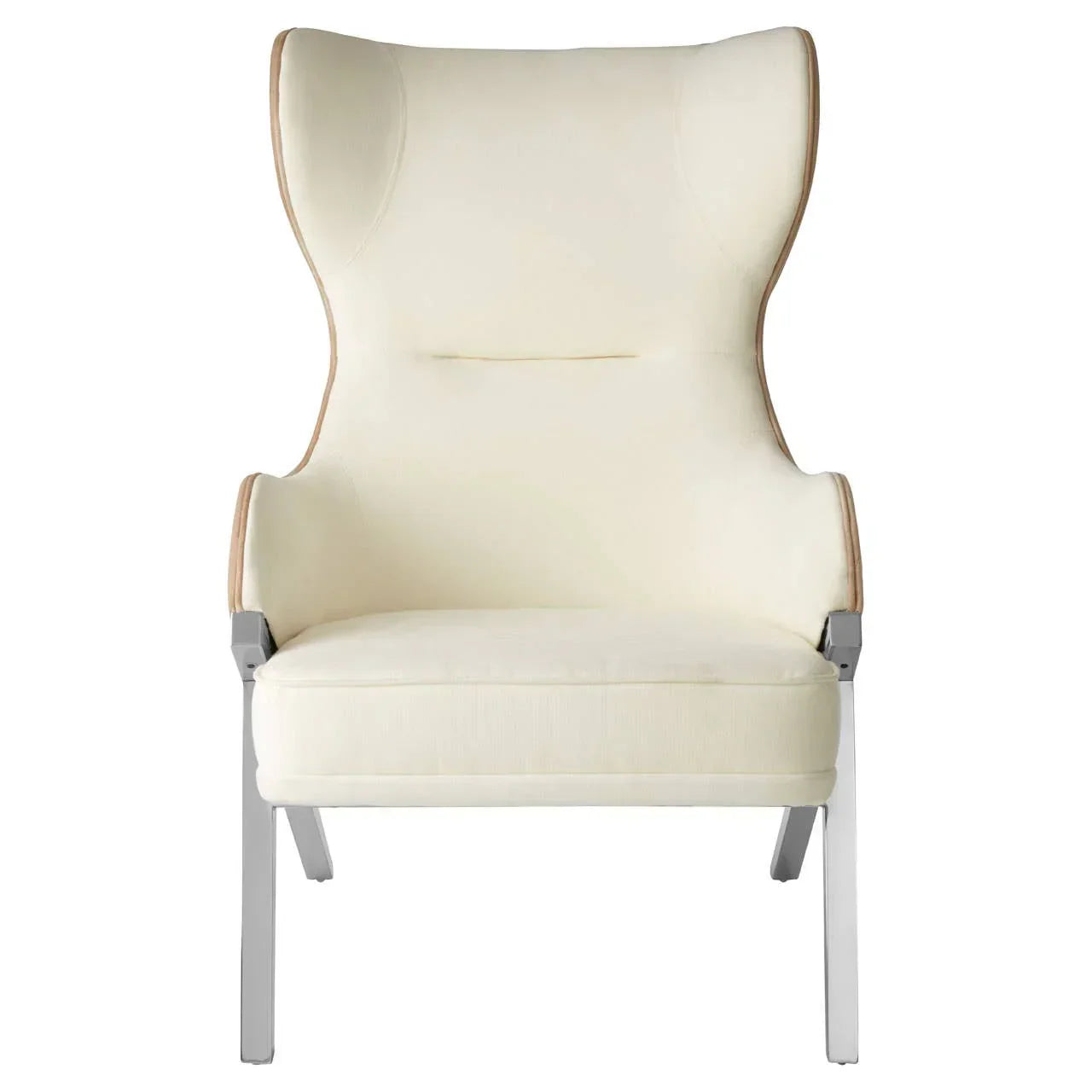 Cream upholstered accent chair with high back and metal legs, front view