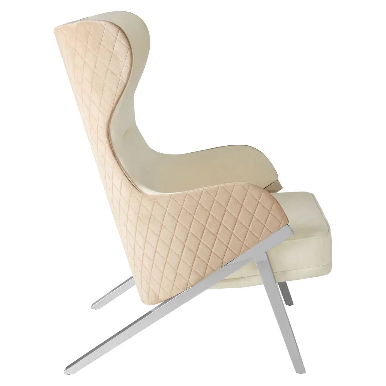 Cream accent chair with quilted backrest and modern metal legs, side profile view