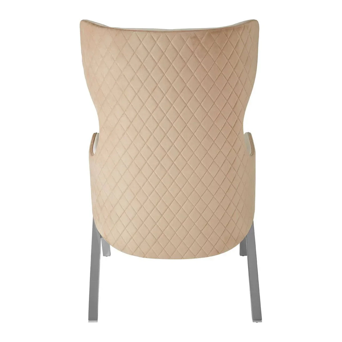 Rear view of beige quilted dining chair with chrome legs