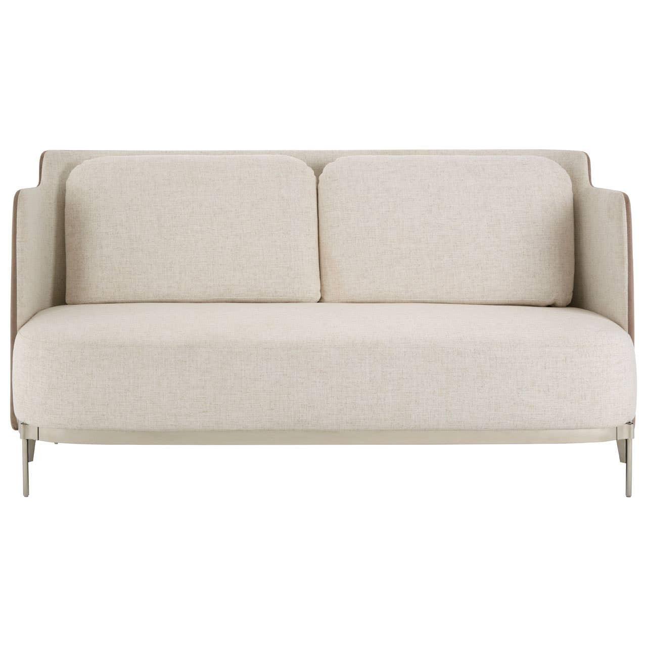 A two-seater sofa featuring a soft ivory fabric upholstery with a minimalist design, complemented by sleek mink-colored accents. The sofa has two plush back cushions and slender metal legs, creating a modern and elegant look suitable for various interior styles