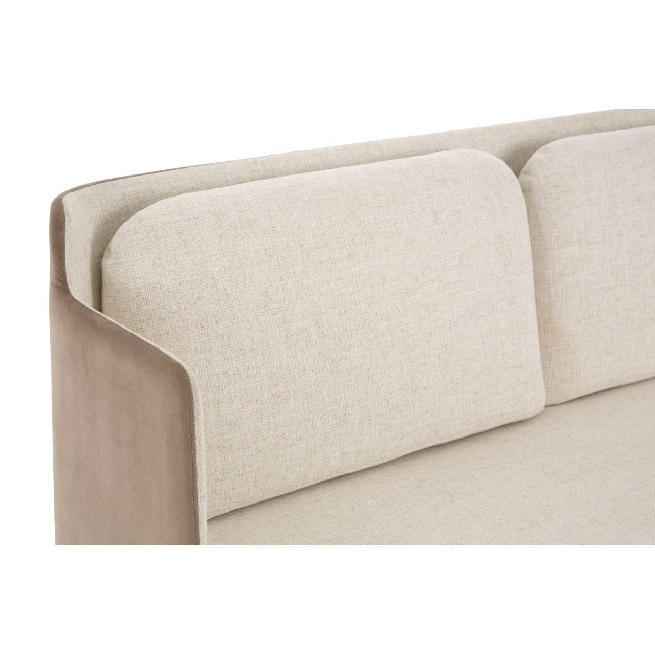 Ivory and mink two-seater sofa featuring a sleek design with a soft, textured fabric upholstery and a minimalist wooden frame. The backrest has a contemporary shape with rounded edges, providing a modern aesthetic suitable for various interior styles