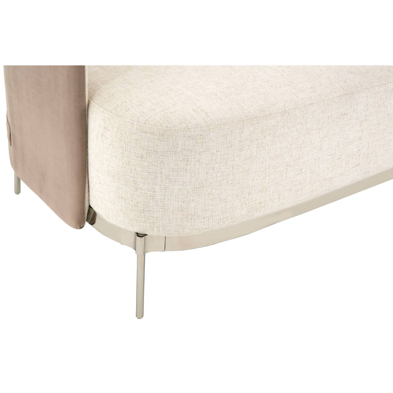 The Piermount Ivory and Mink 2 Seater Sofa features a soft ivory fabric on the front and a contrasting mink-colored back. The sofa has a rounded, modern design with sleek metal legs that provide a contemporary touch. The overall aesthetic is minimalist and elegant, suitable for various interior styles