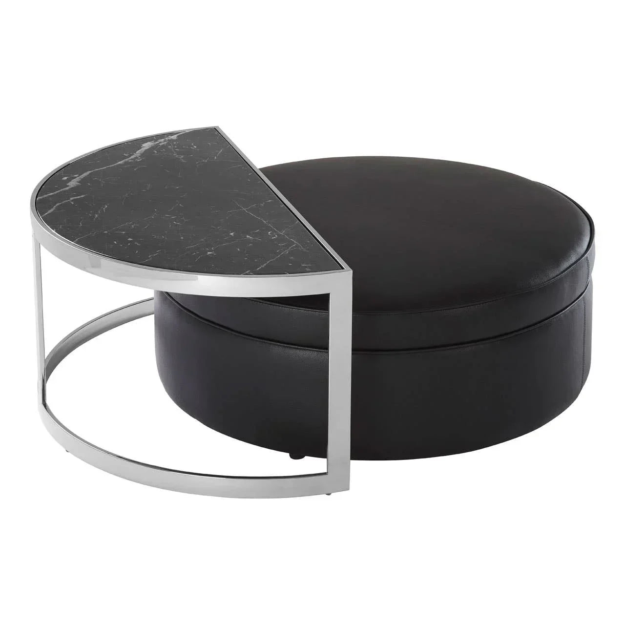 Black round ottoman with half-moon marble top and chrome frame, modern living room furniture