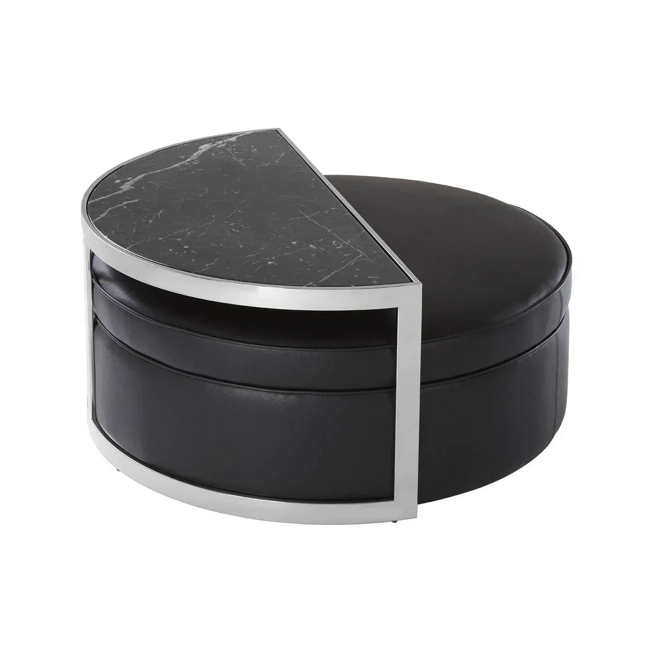 Round black leather ottoman with metal frame and semi-circular black marble tabletop