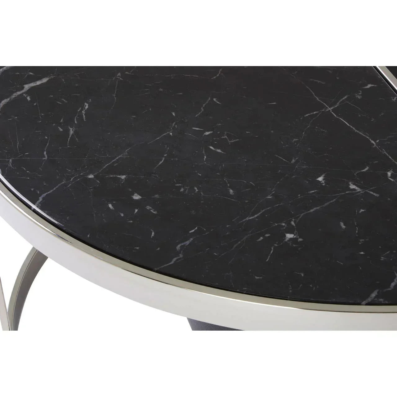 Black marble dining table top with chrome edge detail