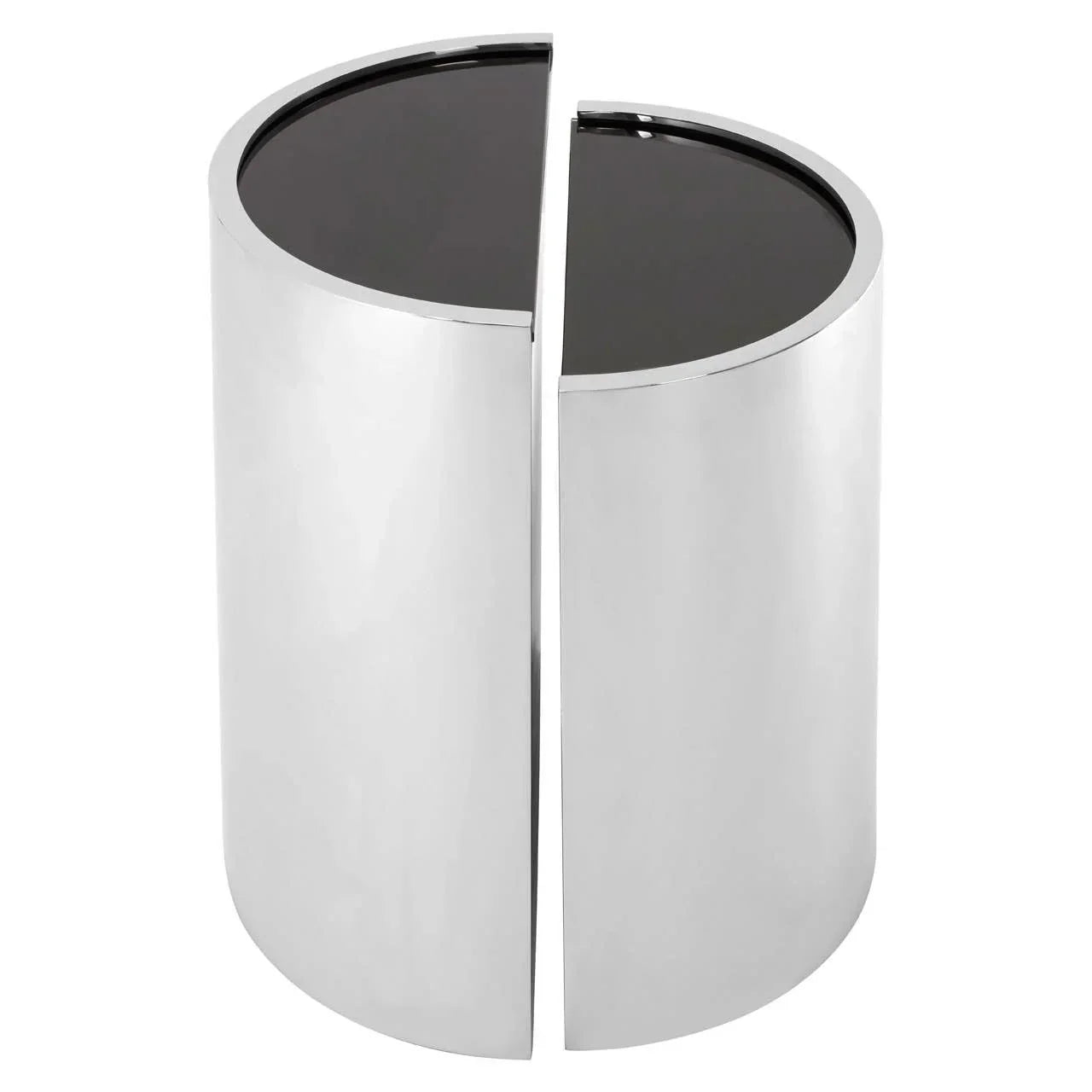Pair of chrome metal side tables with black glass tops, displayed in semi-circle arrangement