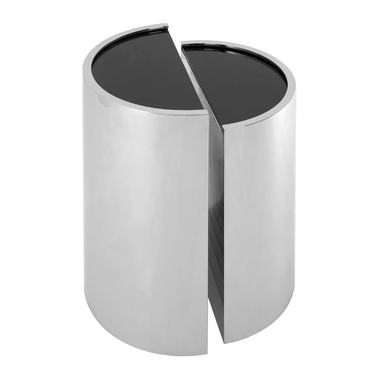 Pair of round chrome side tables with black glass tops and split semi-circular design